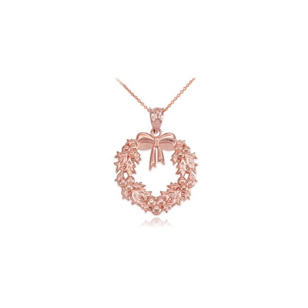 Bow Detail Christmas Wreath Pendant Necklace in 9ct Rose Gold