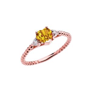 Citrine & White Topaz Heart Beaded Band Promise Ring in 9ct Rose Gold