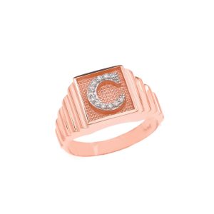 Men's Letter C Diamond Stamped Initial Ring in 9ct Rose Gold