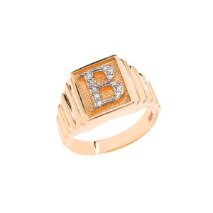 Men's Letter B Diamond Stamped Initial Ring in 9ct Gold