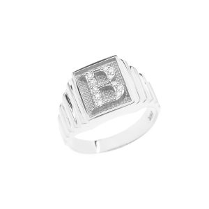 Men's Letter B Diamond Stamped Initial Ring in 9ct White Gold