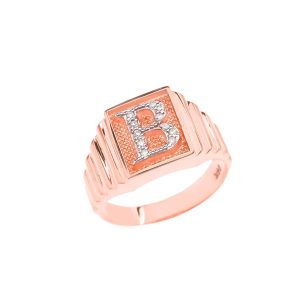 Men's Letter B Diamond Stamped Initial Ring in 9ct Rose Gold