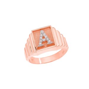 Men's Letter A Diamond Stamped Initial Ring in 9ct Rose Gold