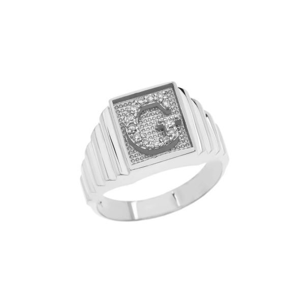 Men's Letter G Diamond Stamped Initial Ring in 9ct White Gold