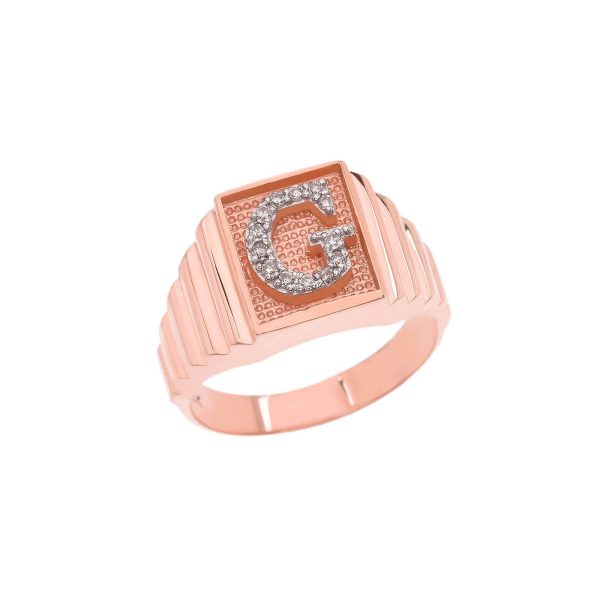 Men's Letter G Diamond Stamped Initial Ring in 9ct Rose Gold