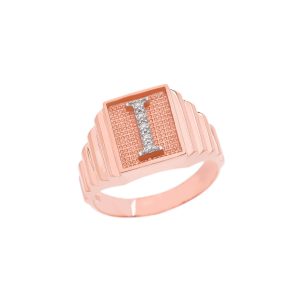 Men's Letter I Diamond Stamped Initial Ring in 9ct Rose Gold