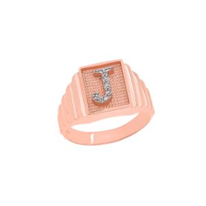 Men's Letter J Diamond Stamped Initial Ring in 9ct Rose Gold