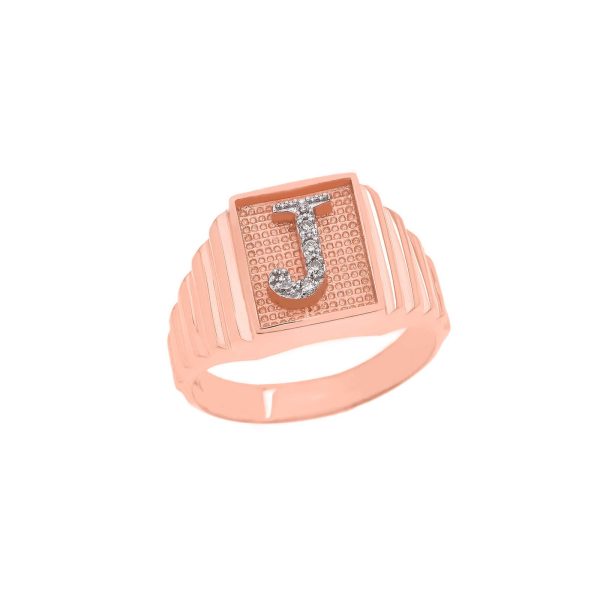 Men's Letter J Diamond Stamped Initial Ring in 9ct Rose Gold