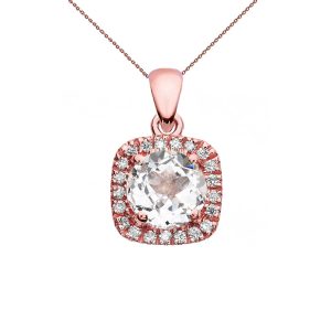 White Topaz Halo Gemstone Pendant Necklace in 9ct Rose Gold