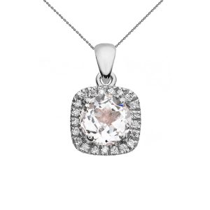 White Topaz Halo Gemstone Pendant Necklace in 9ct White Gold