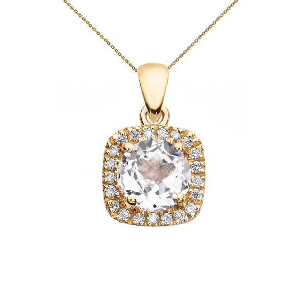 White Topaz Halo Gemstone Pendant Necklace in 9ct Gold