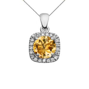 Citrine Halo Gemstone Pendant Necklace in 9ct White Gold