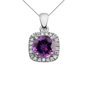 Amethyst Halo Gemstone Pendant Necklace in 9ct White Gold