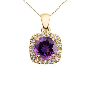 Amethyst Halo Gemstone Pendant Necklace in 9ct Gold