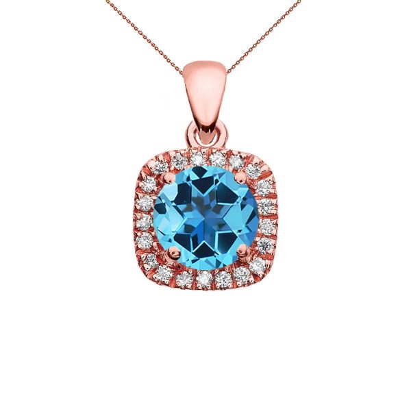 Blue Topaz Halo Gemstone Pendant Necklace in 9ct Rose Gold