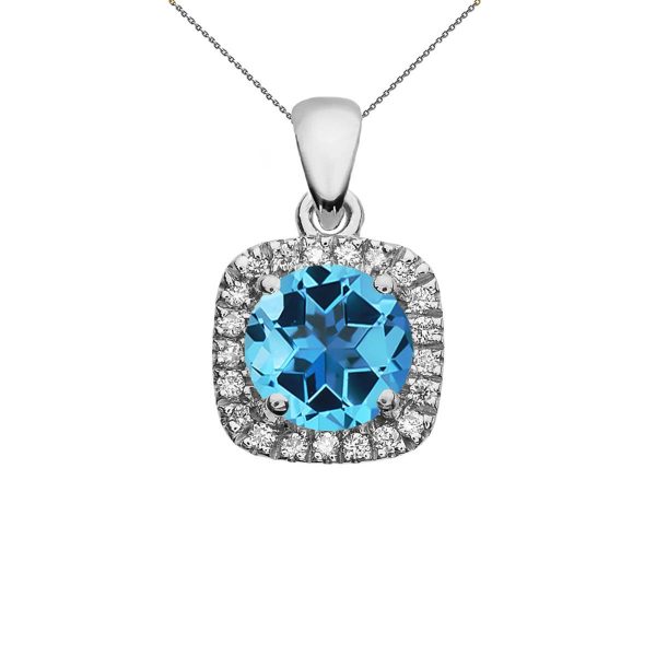 Blue Topaz Halo Gemstone Pendant Necklace in 9ct White Gold