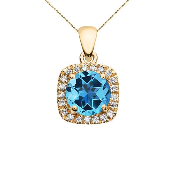 Blue Topaz Halo Gemstone Pendant Necklace in 9ct Gold