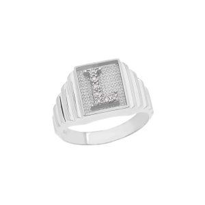 Men's Letter L Diamond Stamped Initial Ring in Sterling Silver