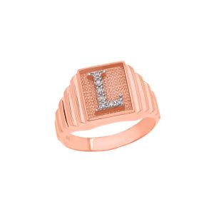 Men's Letter L Diamond Stamped Initial Ring in 9ct Rose Gold