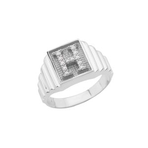 Men's Letter H Diamond Stamped Initial Ring in 9ct White Gold