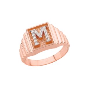 Men's Letter M Diamond Stamped Initial Ring in 9ct Rose Gold