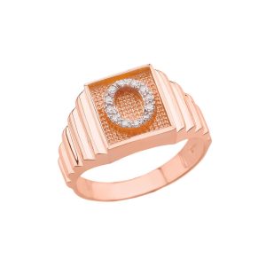 Men's Letter O Diamond Stamped Initial Ring in 9ct Rose Gold