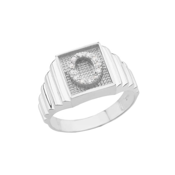 Men's Letter O Diamond Stamped Initial Ring in Sterling Silver