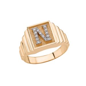 Men's Letter N Diamond Stamped Initial Ring in 9ct Gold