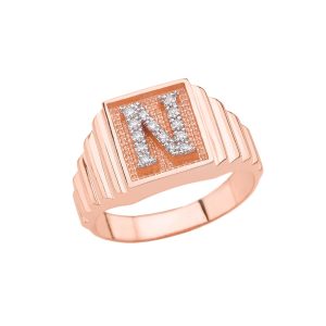 Men's Letter N Diamond Stamped Initial Ring in 9ct Rose Gold