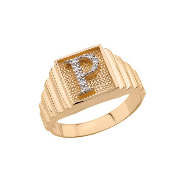 Men's Letter P Diamond Stamped Initial Ring in 9ct Gold