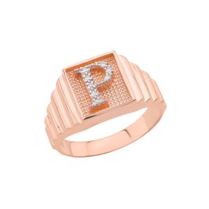 Men's Letter P Diamond Stamped Initial Ring in 9ct Rose Gold