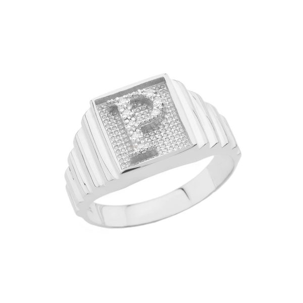 Men's Letter P Diamond Stamped Initial Ring in 9ct White Gold