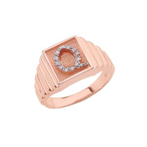 Men's Letter Q Diamond Stamped Initial Ring in 9ct Rose Gold