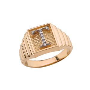 Men's Letter T Diamond Stamped Initial Ring in 9ct Gold