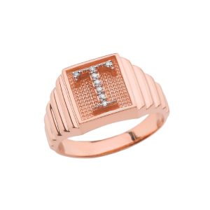 Men's Letter T Diamond Ring in 9ct Rose Gold