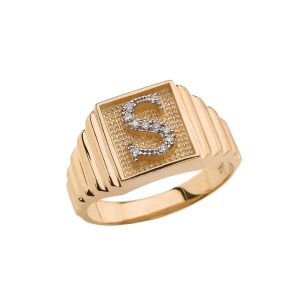 Men's Letter S Diamond Stamped Initial Ring in 9ct Gold