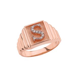 Men's Letter S Diamond Stamped Initial Ring in 9ct Rose Gold