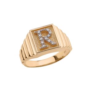 Men's Letter R Diamond Stamped Initial Ring in 9ct Gold