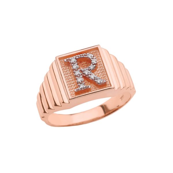 Men's Letter R Diamond Stamped Initial Ring in 9ct Rose Gold