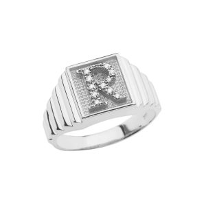 Men's Letter R Diamond Ring in Sterling Silver