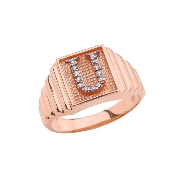 Men's Letter U Diamond Stamped Initial Ring in 9ct Rose Gold