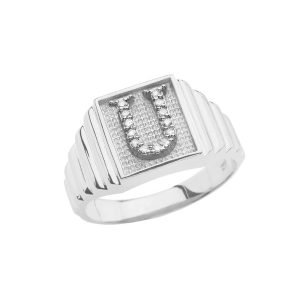 Men's Letter U Diamond Ring in Sterling Silver