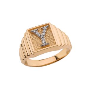 Men's Letter Y Diamond Stamped Initial Ring in 9ct Gold