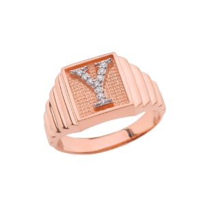 Men's Letter Y Diamond Stamped Initial Ring in 9ct Rose Gold