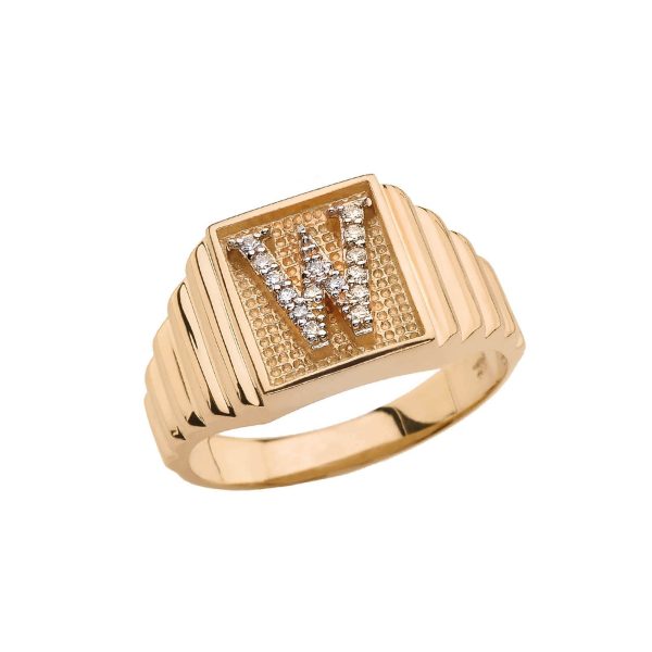 Men's Letter W Diamond Stamped Initial Ring in 9ct Gold