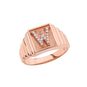 Men's Letter W Diamond Stamped Initial Ring in 9ct Rose Gold