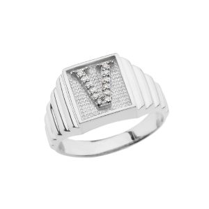 Men's Letter V Diamond Stamped Initial Ring in 9ct White Gold