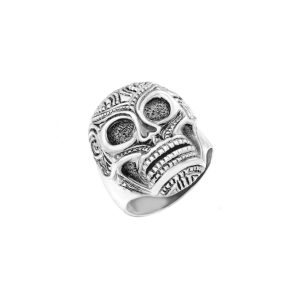 Men's Day Dead Sugar Skull Wide Cast Ring in Sterling Silver