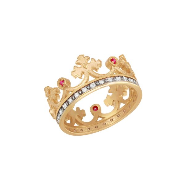 Diamond Red Medieval Crown Band Ring in 9ct Gold