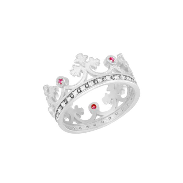 Diamond & Red CZ Red Medieval Crown Band Ring in 9ct White Gold